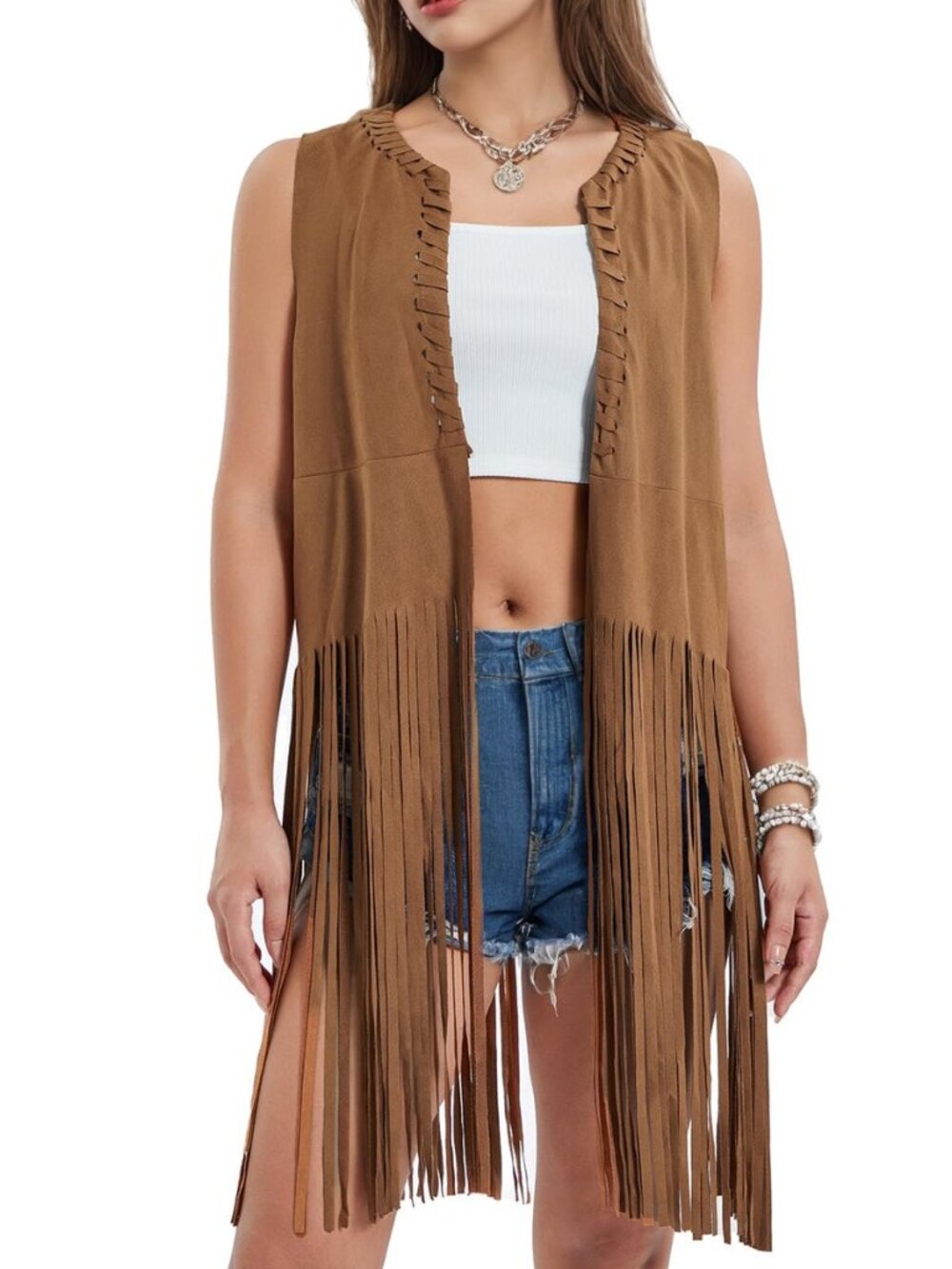 Women's Fringe Vest 70s Hippie Costume Faux Suede Sleeveless Tassel Long